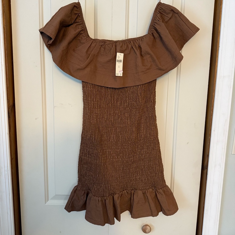 NWT by Anthropologie Brown Off the Shoulder Ruffle Mini Dress Bodycon XS